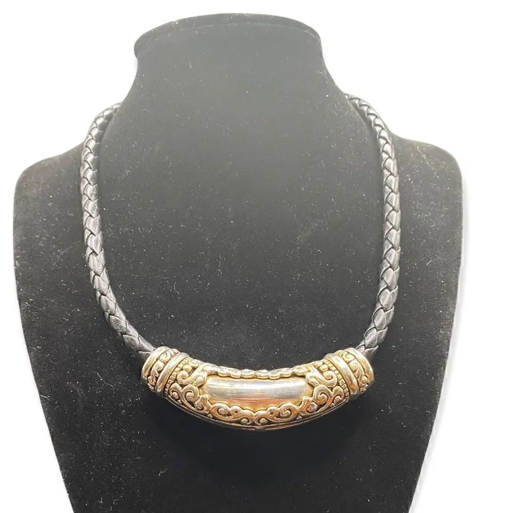 Reversible silver choker on leather cord scrollwork heavy clasp 14” base of neck